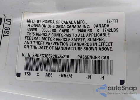 2012 Honda Civic Lx z USA, uszkodzony, nr VIN 2HGFG3B52CH525210